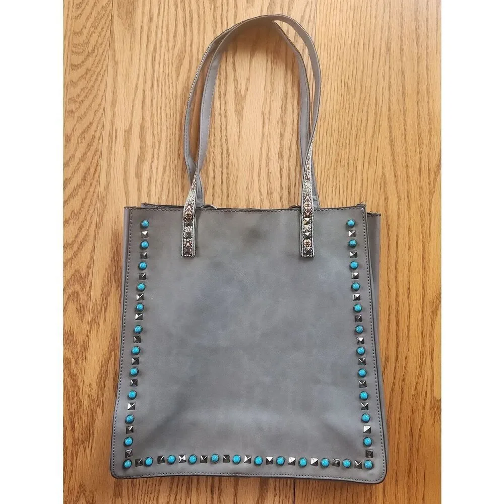 Gray Southwestern Tote Bag w turquois & Silver studs & Embroidered Floral Straps